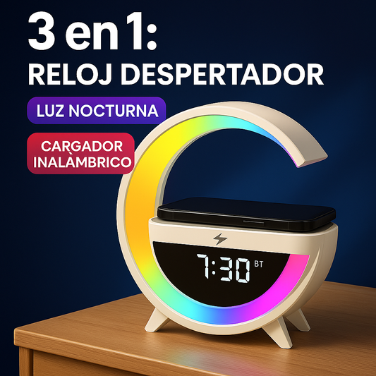Altavoz Bluetooth G - Cargador inalámbrico + Lámpara LED + Reloj despertador